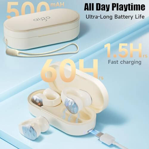 Aigo Simsiz Quloqchinlar Bluetooth Quloqchinlar, iPhone/Android/Kompyuter uchun ochiq quloq klipi Quloqchinlar, Sport Quloqchinlari O'rnatilgan Mikrofonli, Shovqinni Beкор Qiluvchi, Suv o'tkazmaydigan, Simsiz Zaryadlash, Ochqish Oq Quloqchin - 10