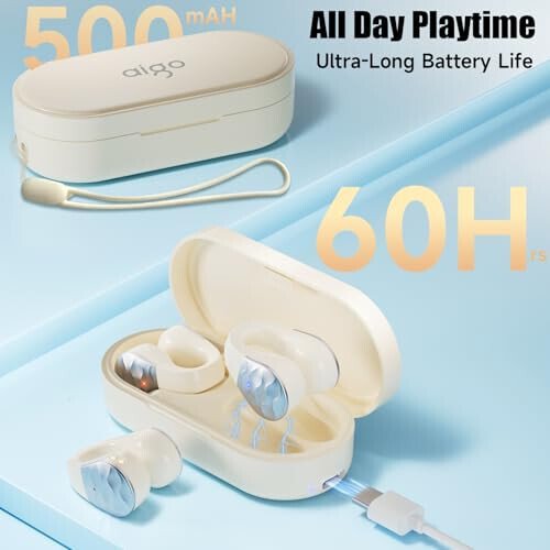 Aigo Simsiz Quloqchinlar Bluetooth Quloqchinlar, iPhone/Android/Kompyuter uchun ochiq quloq klipi Quloqchinlar, Sport Quloqchinlari O'rnatilgan Mikrofonli, Shovqinni Beкор Qiluvchi, Suv o'tkazmaydigan, Simsiz Zaryadlash, Ochqish Oq Quloqchin - 6