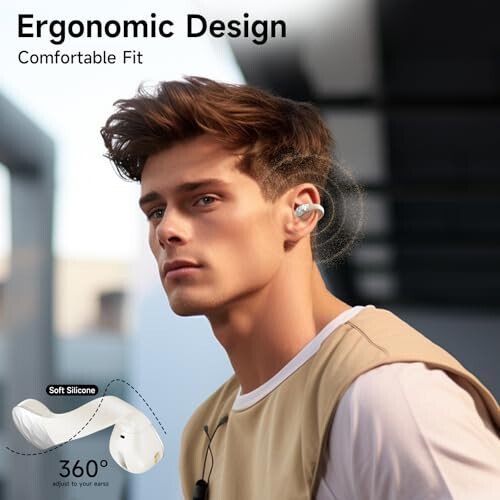 Aigo Wireless Earphones Bluetooth Earbuds, Open Ear Clip Headphones for iPhone/Android/Computer, Sport Ear Buds Built-in Mic, Noise Canceling, Waterproof, Wireless Charging, Off White Headset - 5