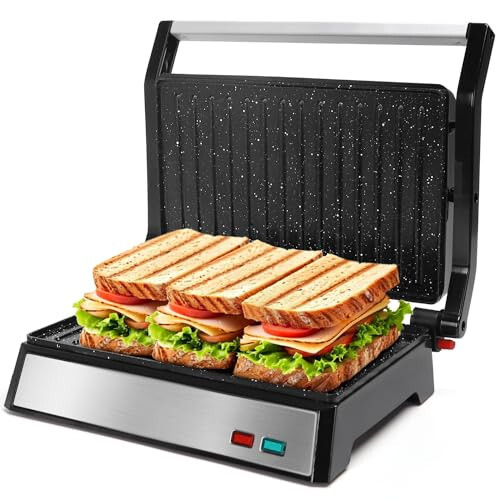 Aigostar Panini Press, 1200W Sandwich Maker and Electric Indoor Grill with Ceramic Non-Stick Coated Plates, Opens 180°to Fit Any Size of Food, Stainless Steel Surface & Removable Drip Tray, Silver - 1