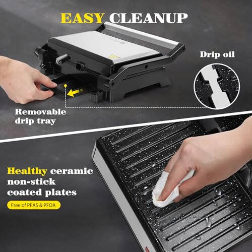 Aigostar Panini Press, 1200W Sandwich Maker and Electric Indoor Grill with Ceramic Non-Stick Coated Plates, Opens 180°to Fit Any Size of Food, Stainless Steel Surface & Removable Drip Tray, Silver - 4