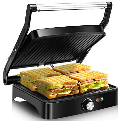 Aigostar Panini press-grili, 4 bo‘lakli 1200Vt sendvich-meyker, yopishmaydigan plastinalar, haroratni boshqarish, 180 gradus ochiladi, yopiq gril, chiqariladigan tomchilash lag‘ani, ko‘rsatkich chiroqlari, sovuq teginishli tutqich. - 1