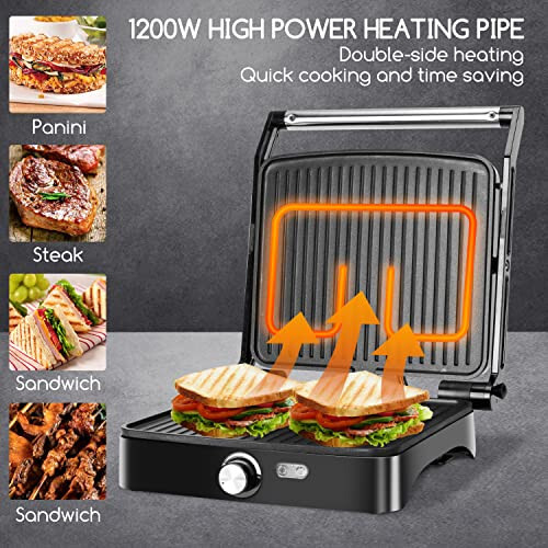 Aigostar Panini press-grili, 4 bo‘lakli 1200Vt sendvich-meyker, yopishmaydigan plastinalar, haroratni boshqarish, 180 gradus ochiladi, yopiq gril, chiqariladigan tomchilash lag‘ani, ko‘rsatkich chiroqlari, sovuq teginishli tutqich. - 2