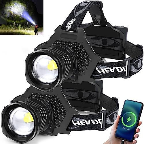 Aikertec Rechargeable LED Headlamp 100000 Lumen, Super Bright Head Lamp Flashlight with 5 Lighting Modes, IPX6 Waterproof, Zoomable Headlamp for Camping, Hiking, Fishing, Biking, Running (2 Pack) - 1