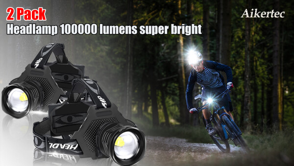 Aikertec Rechargeable LED Headlamp 100000 Lumen, Super Bright Head Lamp Flashlight with 5 Lighting Modes, IPX6 Waterproof, Zoomable Headlamp for Camping, Hiking, Fishing, Biking, Running (2 Pack) - 14