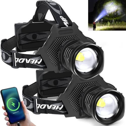 Aikertec Rechargeable LED Headlamp 100000 Lumen, Super Bright Head Lamp Flashlight with 5 Lighting Modes, IPX6 Waterproof, Zoomable Headlamp for Camping, Hiking, Fishing, Biking, Running (2 Pack) - 3