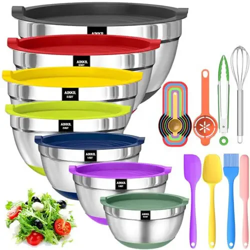 AIKKIL Bowls with Airtight Lids, 20 piece Stainless Steel Metal Nesting Bowls, Non-Slip Colorful Silicone Bottom, Size 7, 3.5, 2.5, 2.0, 1.5, 1,0.67QT, Great for Mixing, Baking, Serving - 1
