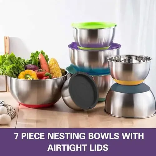 AIKKIL Bowls with Airtight Lids, 20 piece Stainless Steel Metal Nesting Bowls, Non-Slip Colorful Silicone Bottom, Size 7, 3.5, 2.5, 2.0, 1.5, 1,0.67QT, Great for Mixing, Baking, Serving - 5
