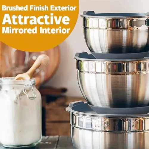 AIKKIL Mixing Bowls with Airtight Lids, 20 piece Stainless Steel Metal Nesting Bowls, Non-Slip Silicone Bottom, Size 7, 3.5, 2.5, 2.0,1.5, 1,0.67QT Great for Mixing, Baking, Serving (Grey) - 4