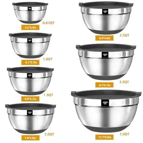 AIKKIL Mixing Bowls with Airtight Lids, 20 piece Stainless Steel Metal Nesting Bowls, Non-Slip Silicone Bottom, Size 7, 3.5, 2.5, 2.0,1.5, 1,0.67QT Great for Mixing, Baking, Serving (Grey) 