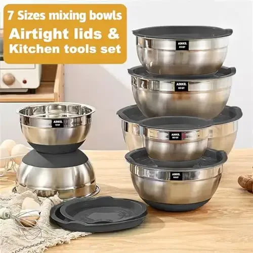 AIKKIL Mixing Bowls with Airtight Lids, 20 piece Stainless Steel Metal Nesting Bowls, Non-Slip Silicone Bottom, Size 7, 3.5, 2.5, 2.0,1.5, 1,0.67QT Great for Mixing, Baking, Serving (Grey) - AIKKIL (1)