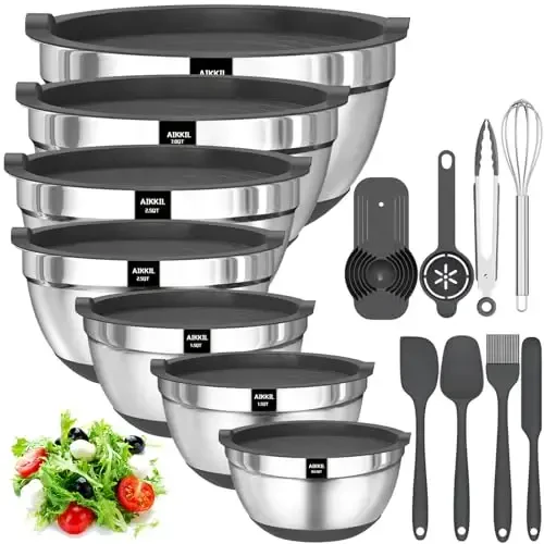 AIKKIL Mixing Bowls with Airtight Lids, 20 piece Stainless Steel Metal Nesting Bowls, Non-Slip Silicone Bottom, Size 7, 3.5, 2.5, 2.0,1.5, 1,0.67QT Great for Mixing, Baking, Serving (Grey) - 6