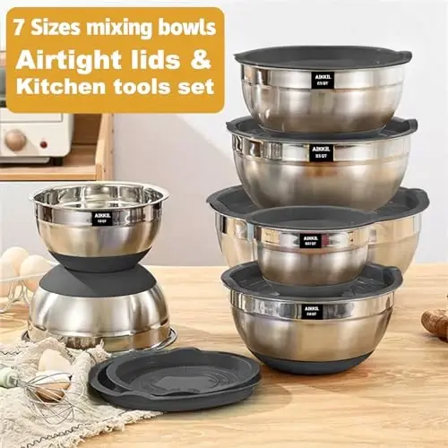 AIKKIL Mixing Bowls with Airtight Lids, 20 piece Stainless Steel Metal Nesting Bowls, Non-Slip Silicone Bottom, Size 7, 3.5, 2.5, 2.0,1.5, 1,0.67QT Great for Mixing, Baking, Serving (Grey) - AIKKIL (1)