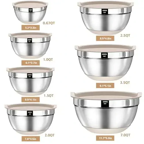 AIKKIL Mixing Bowls with Airtight Lids, 20 piece Stainless Steel Metal Nesting Bowls, Non-Slip Silicone Bottom, Size 7, 3.5, 2.5, 2.0,1.5, 1,0.67QT Great for Mixing, Baking, Serving (Khaki) - AIKKIL (1)