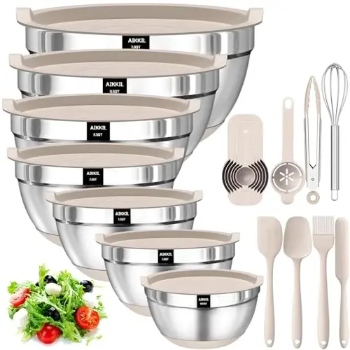 AIKKIL Mixing Bowls with Airtight Lids, 20 piece Stainless Steel Metal Nesting Bowls, Non-Slip Silicone Bottom, Size 7, 3.5, 2.5, 2.0,1.5, 1,0.67QT Great for Mixing, Baking, Serving (Khaki) 