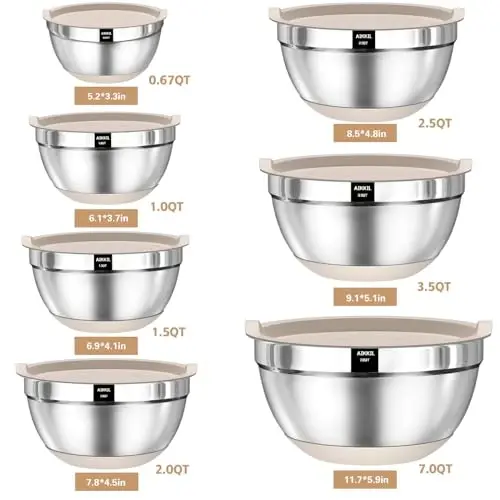 AIKKIL Mixing Bowls with Airtight Lids, 20 piece Stainless Steel Metal Nesting Bowls, Non-Slip Silicone Bottom, Size 7, 3.5, 2.5, 2.0,1.5, 1,0.67QT Great for Mixing, Baking, Serving (Khaki) - 2