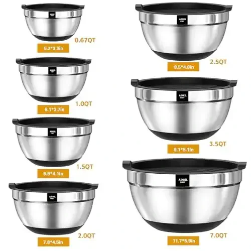AIKKIL Mixing Bowls with Airtight Lids, 20 piece Stainless Steel Metal Nesting Bowls, Non-Slip Silicone Bottom, Size 7, 3.5, 2.5, 2.0,1.5, 1,0.67QT Great for Mixing, Baking, Serving (Black) - 2