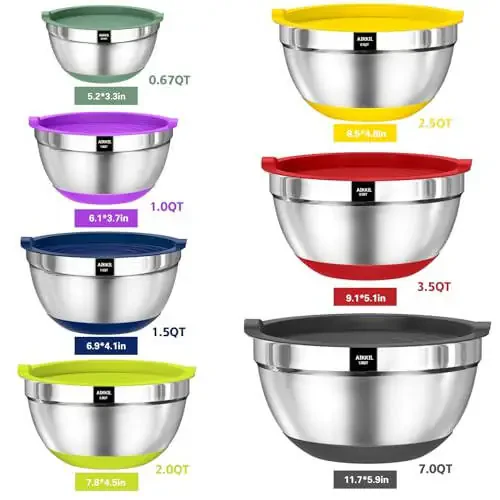 AIKKIL Bowls with Airtight Lids, 20 piece Stainless Steel Metal Nesting Bowls, Non-Slip Colorful Silicone Bottom, Size 7, 3.5, 2.5, 2.0,1.5, 1,0.67QT, Great for Mixing, Baking, Serving - 2