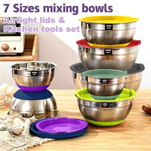 AIKKIL Bowls with Airtight Lids, 20 piece Stainless Steel Metal Nesting Bowls, Non-Slip Colorful Silicone Bottom, Size 7, 3.5, 2.5, 2.0,1.5, 1,0.67QT, Great for Mixing, Baking, Serving - 3