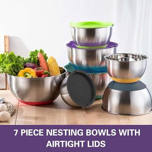 AIKKIL Bowls with Airtight Lids, 20 piece Stainless Steel Metal Nesting Bowls, Non-Slip Colorful Silicone Bottom, Size 7, 3.5, 2.5, 2.0,1.5, 1,0.67QT, Great for Mixing, Baking, Serving - 5