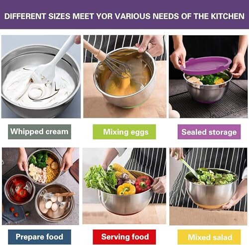 AIKKIL Bowls with Airtight Lids, 20 piece Stainless Steel Metal Nesting Bowls, Non-Slip Colorful Silicone Bottom, Size 7, 3.5, 2.5, 2.0,1.5, 1,0.67QT, Great for Mixing, Baking, Serving - 6