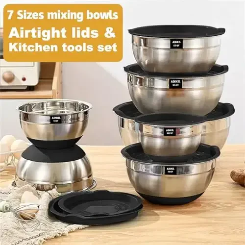 AIKKIL Mixing Bowls with Airtight Lids, 20 piece Stainless Steel Metal Nesting Bowls, Non-Slip Silicone Bottom, Size 7, 3.5, 2.5, 2.0,1.5, 1,0.67QT Great for Mixing, Baking, Serving (Black) - 3