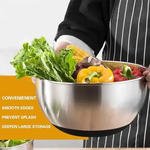 AIKKIL Mixing Bowls with Airtight Lids, 20 piece Stainless Steel Metal Nesting Bowls, Non-Slip Silicone Bottom, Size 7, 3.5, 2.5, 2.0,1.5, 1,0.67QT Great for Mixing, Baking, Serving (Black) - 6