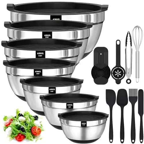 AIKKIL Mixing Bowls with Airtight Lids, 20 piece Stainless Steel Metal Nesting Bowls, Non-Slip Silicone Bottom, Size 7, 3.5, 2.5, 2.0,1.5, 1,0.67QT Great for Mixing, Baking, Serving (Black) - AIKKIL