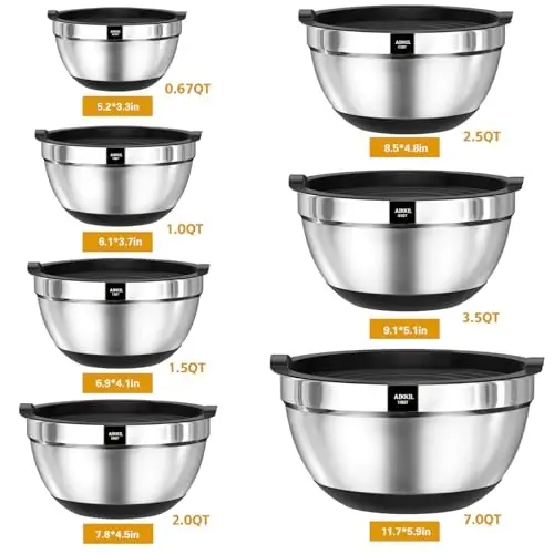 AIKKIL Mixing Bowls with Airtight Lids, 20 piece Stainless Steel Metal Nesting Bowls, Non-Slip Silicone Bottom, Size 7, 3.5, 2.5, 2.0,1.5, 1,0.67QT Great for Mixing, Baking, Serving (Black) - 2