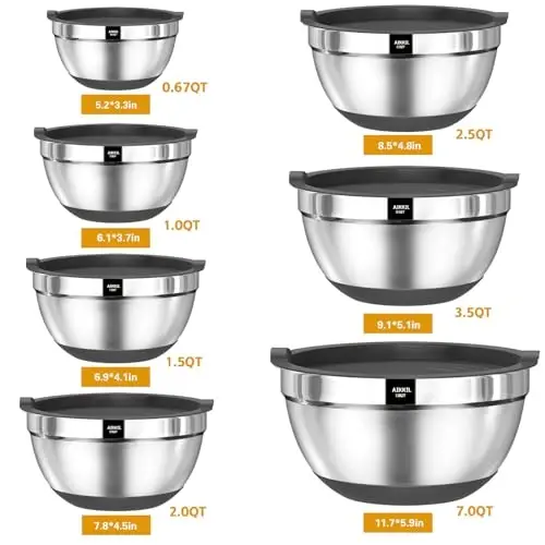AIKKIL Mixing Bowls with Airtight Lids, 20 piece Stainless Steel Metal Nesting Bowls, Non-Slip Silicone Bottom, Size 7, 3.5, 2.5, 2.0,1.5, 1,0.67QT Great for Mixing, Baking, Serving (Grey) 