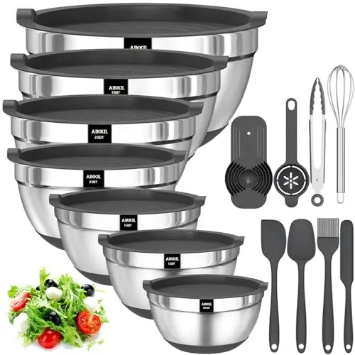 AIKKIL Mixing Bowls with Airtight Lids, 20 piece Stainless Steel Metal Nesting Bowls, Non-Slip Silicone Bottom, Size 7, 3.5, 2.5, 2.0,1.5, 1,0.67QT Great for Mixing, Baking, Serving (Grey) - 5