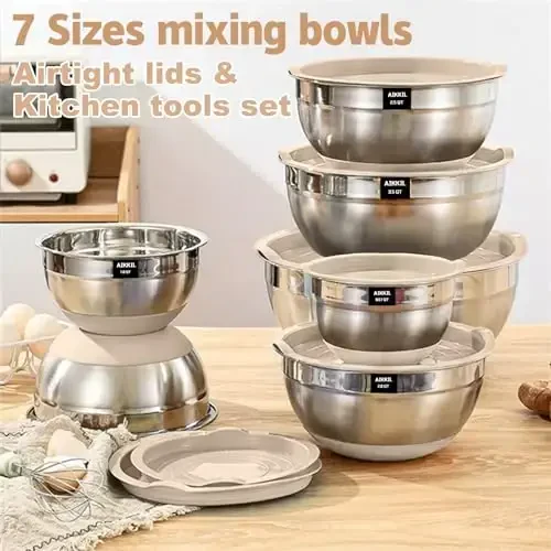AIKKIL Mixing Bowls with Airtight Lids, 20 piece Stainless Steel Metal Nesting Bowls, Non-Slip Silicone Bottom, Size 7, 3.5, 2.5, 2.0,1.5, 1,0.67QT Great for Mixing, Baking, Serving (Khaki) - 3