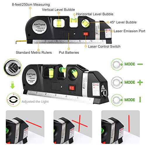 AikTryee Laser Level, Multipurpose Line Tool with 8ft/2.5M Rulers, Standard Cross Line Laser Leveler for Picture Hanging, Cabinets, Tile Walls - 3