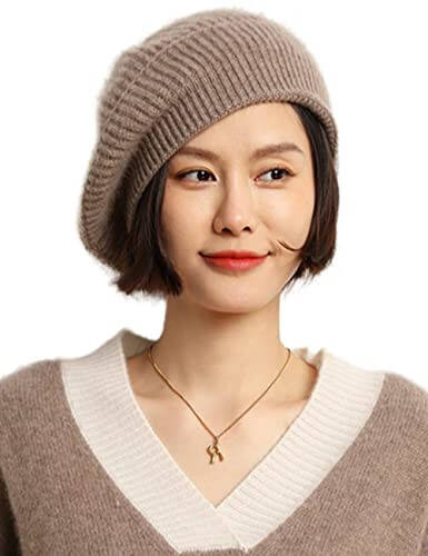 Ailaile Cashmere Berets Hats Women Winter Warm Merino Wool Knitted Oversized Beige Beanie - 1