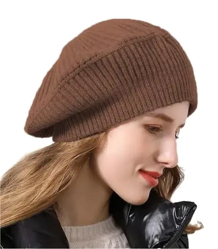 Ailaile CasModazoneere Berets Hats Women Winter Warm Merino Wool Knitted Oversized Beige Beanie - 1