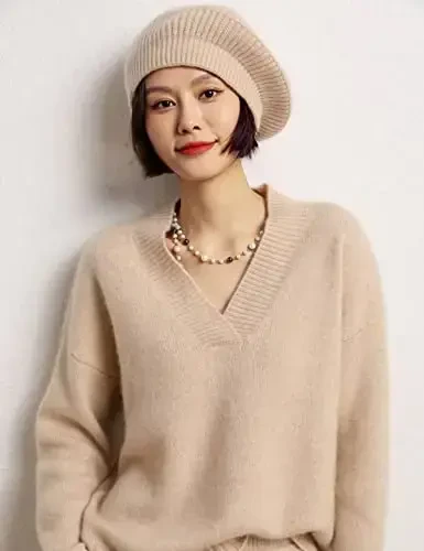 Ailaile CasModazoneere Berets Hats Women Winter Warm Merino Wool Knitted Oversized Beige Beanie - 2