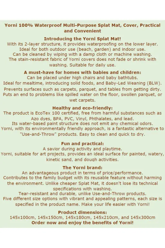 Family 145x100cm, Mama Sandalye Altına Sermek için Yer, Masa, Aktivite Örtüsü, Makinede Yıkanabilir - YORNI