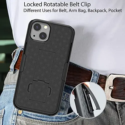 Ailiber Compatible with iPhone 13 Case, iPhone 13 Case Holster with Screen Protector, Swivel Belt Clip, Kickstand Holder, Slim Shockproof Shell Slide Pouch Phone Cover for iPhone 14 6.1 inch -Black - 4
