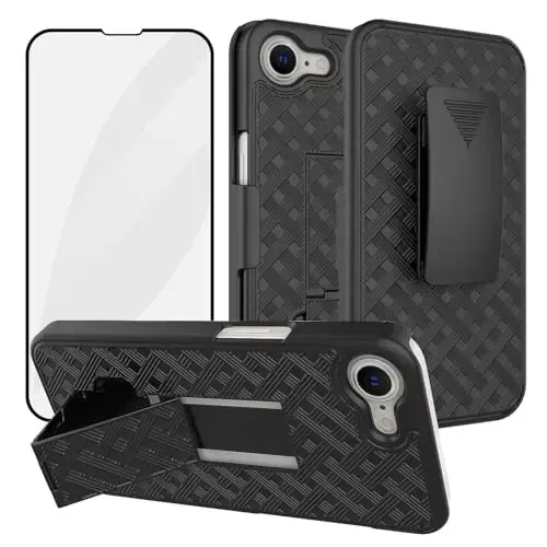 Ailiber Compatible with iPhone 16e Phone Case, iPhone 16E 2025 Belt Clip Case Holster with Screen Protector, Swivel Kickstand Holder, Slim Shockproof Slide Shell Pouch Cell Phone Cover-Black 
