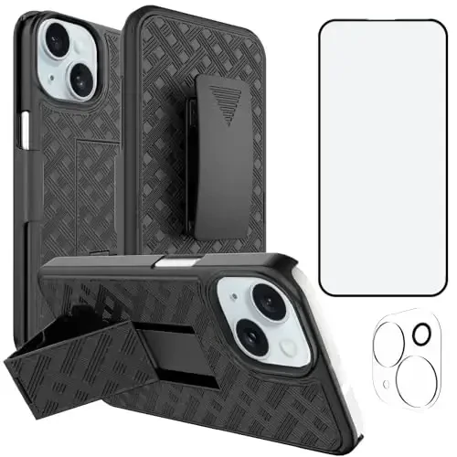 Ailiber Designed for iPhone 15 Plus Case with Stand, iPhone 15plus Belt Clip Holster with Camera Lens&Screen Protector, Swivel 2-in-1 Holder, Slim Shockproof Pouch Full Body Cell Phone Cover-Black 