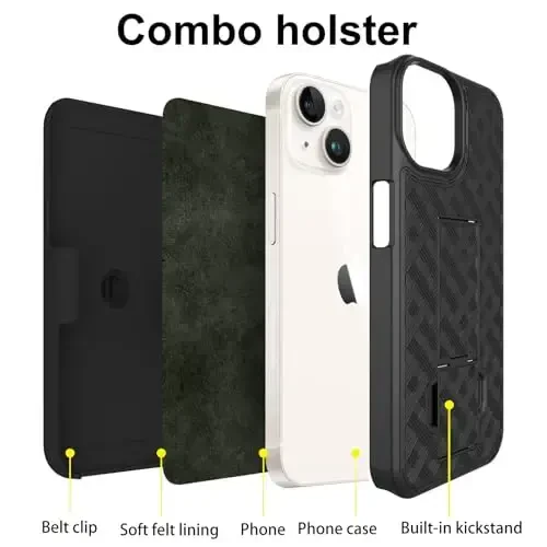 Ailiber for iPhone 15 Case with Belt Clip, iPhone 15 Holster Case with Screen Protector, Swivel Kickstand Holder, Slim Shockproof Shell Full Body Pouch Phone Cover for iPhone 15 6.1 Inch - Black - 3