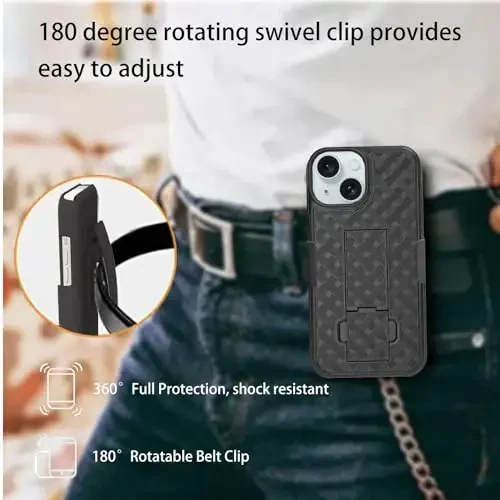 Ailiber for iPhone 15 Case with Belt Clip, iPhone 15 Holster Case with Screen Protector, Swivel Kickstand Holder, Slim Shockproof Shell Full Body Pouch Phone Cover for iPhone 15 6.1 Inch - Black - 4