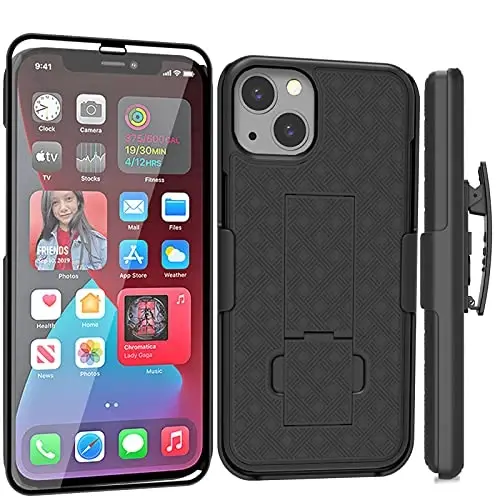 Ailiber iPhone 13 Kılıfı ile Uyumlu, Ekran Koruyuculu iPhone 13 Kılıfı Holster, Döner Kemer Klipsi, Destek Çubuğu Tutucu, İnce Darbeye Dayanıklı Kabuk Sürgülü Kılıf iPhone 14 6.1 inç - Siyah 
