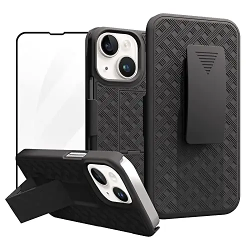 Ailiber Compatible for iPhone 14 Case, iPhone 13 Phone Case Holster with Screen Protector, Swivel Belt Clip, Kickstand Holder, Slim Shockproof Shell Slide Phone Cover for iPhone 14 6.1 inch -Black - 1