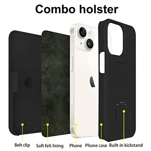 Ailiber Compatible for iPhone 14 Case, iPhone 13 Phone Case Holster with Screen Protector, Swivel Belt Clip, Kickstand Holder, Slim Shockproof Shell Slide Phone Cover for iPhone 14 6.1 inch -Black - 3