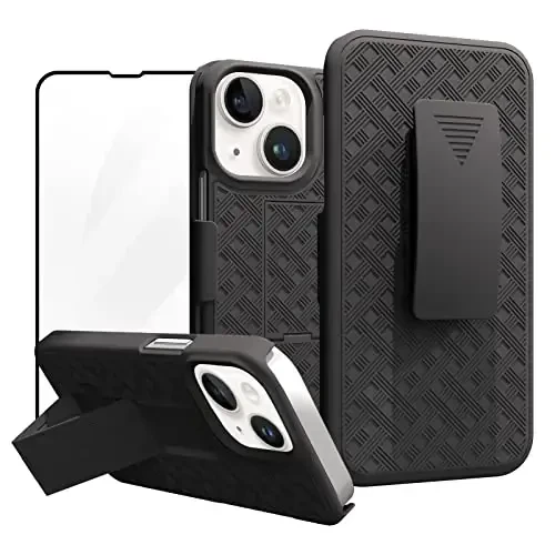 Ailiber Compatible for iPhone 14 Case, iPhone 13 Phone Case Holster with Screen Protector, Swivel Belt Clip, Kickstand Holder, Slim Shockproof Shell Slide Phone Cover for iPhone 14 6.1 inch -Black 