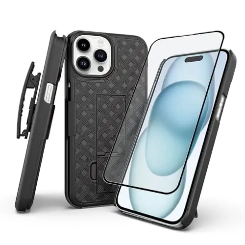 Ailiber iPhone 15 Pro Kılıfı Stantlı, Kameralı iPhone 15 Pro Kemer Klipsi Kılıfı ve Ekran Koruyucu, Döner 2'si 1 Arada Tutucu, İnce Darbeye Dayanıklı Kılıf Tam Gövde Cep Telefonu Kapağı-Siyah - 1
