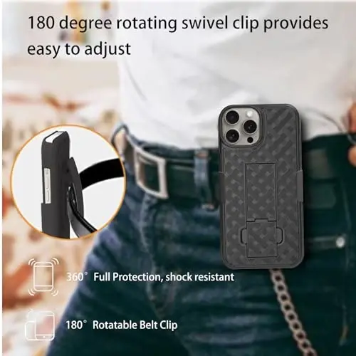 Ailiber iPhone 15 Pro Kılıfı Stantlı, Kameralı iPhone 15 Pro Kemer Klipsi Kılıfı ve Ekran Koruyucu, Döner 2'si 1 Arada Tutucu, İnce Darbeye Dayanıklı Kılıf Tam Gövde Cep Telefonu Kapağı-Siyah - 4