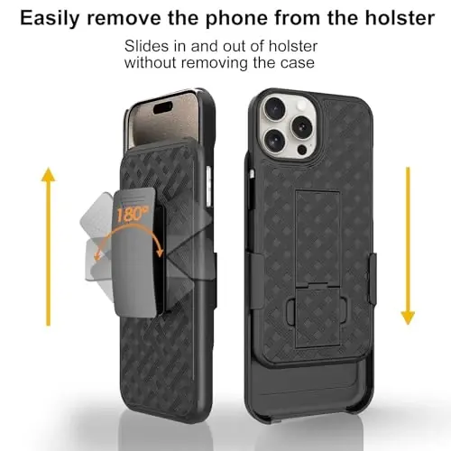 Ailiber iPhone 15 Pro Kılıfı Stantlı, Kameralı iPhone 15 Pro Kemer Klipsi Kılıfı ve Ekran Koruyucu, Döner 2'si 1 Arada Tutucu, İnce Darbeye Dayanıklı Kılıf Tam Gövde Cep Telefonu Kapağı-Siyah - 7