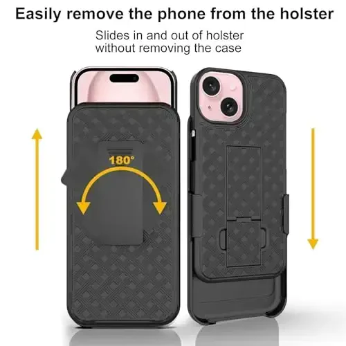 Ailiber iPhone 15 учун калъа кийим чалғичи билан, iPhone 15 пистамол қаплама билан калъаси, айлантирмали подставка тутқич, нозик зарбага чидамли қора, тўла танаси қоғи телефон қопламаси iPhone 15 учун 6,1 дюйм-қора - 7